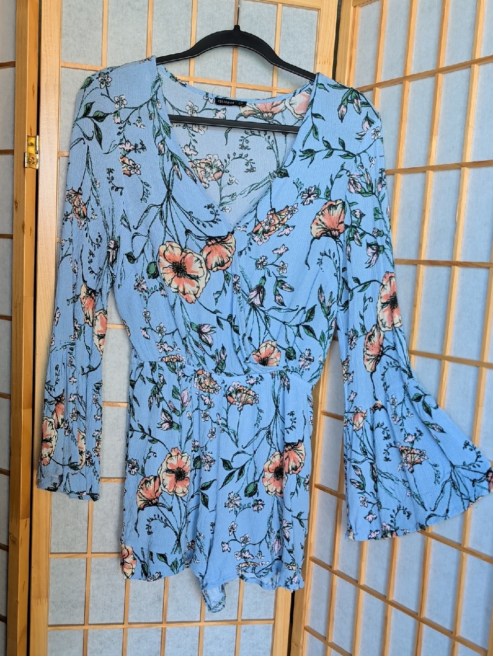 Cotton On Light Blue Floral Wrap Romper with Bell Sleeves